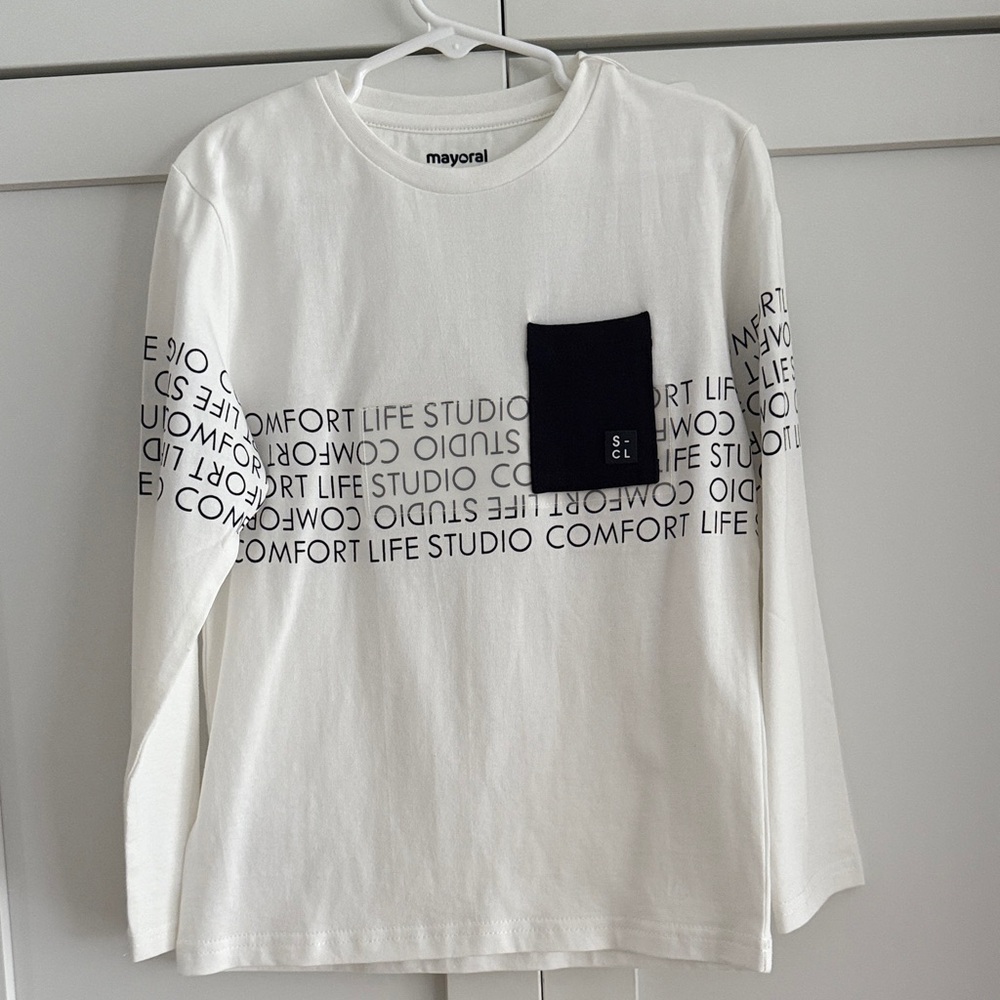 Mayoral White Long Sleeve Shirt with Black Pocket - Brand New